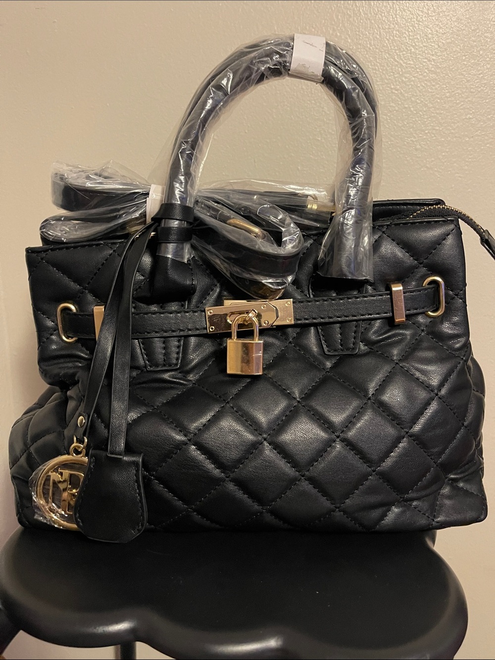 Badgley Mischka Quilted Black Leather Satchel Bag with Gold Hardware